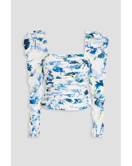 Aje. Blue Marlene Pleated Floral-print Cotton Top