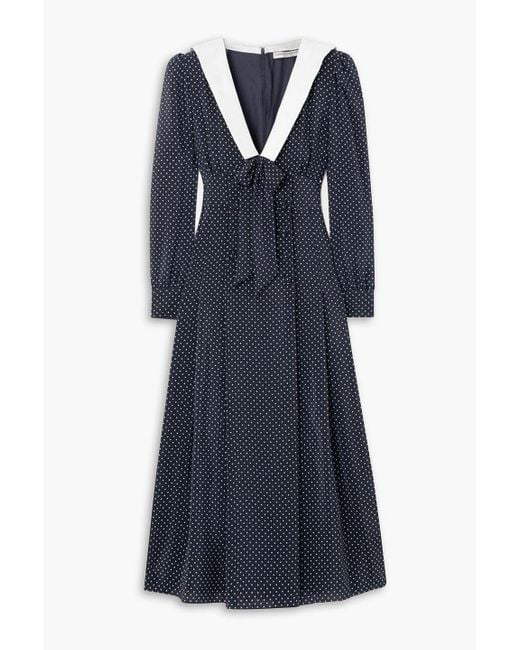 Alessandra Rich Bow-detailed Polka-dot Silk Crepe De Chine Midi Dress in  Blue | Lyst