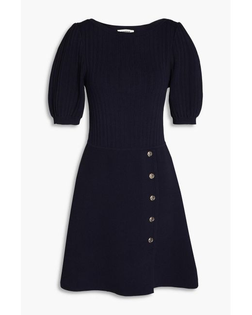 Sandro Blue Button-detiled Ribbed-knit And Stretch-ponte Mini Dress