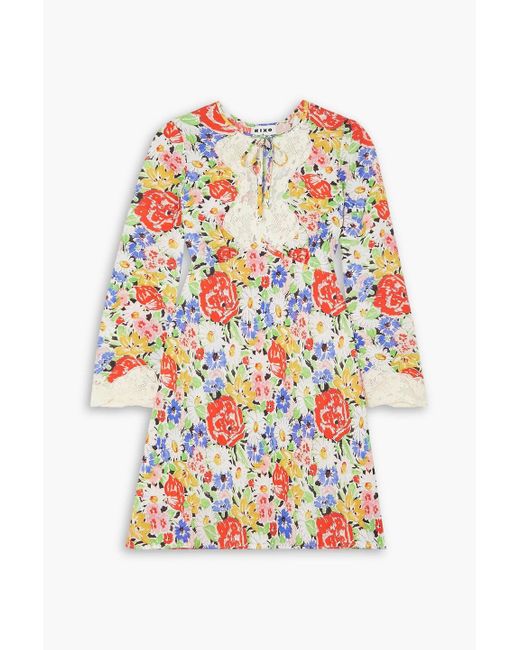 Rixo White Abrielle Lace-trimmed Floral-print Crepe Mini Dress