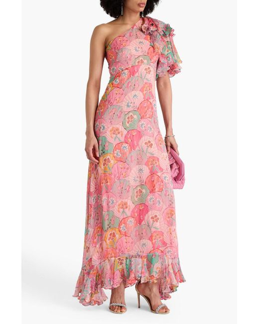saloni one shoulder dress Saloni Floral-Print One-Shoulder Gown - Green