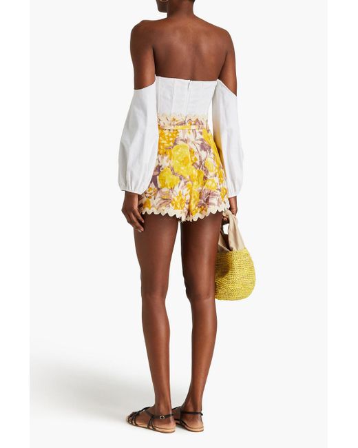 Zimmermann Yellow Rickrack-trimmed Printed Linen-jacquard Shorts