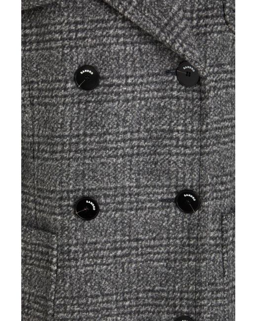 Sandro Gray Double-Breasted Checked Wool-Blend Felt Coat