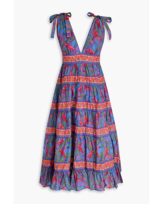 Farm Rio Purple Gestuftes midikleid aus baumwollmusselin mit print