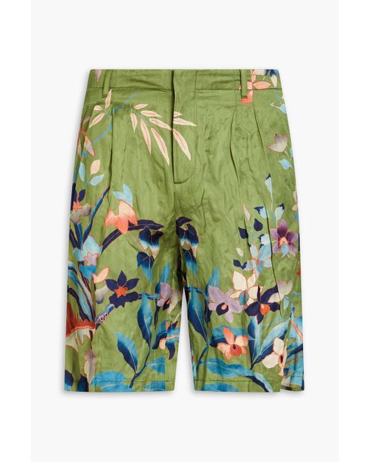 Etro Green Pleated Floral-print Satin Shorts for men