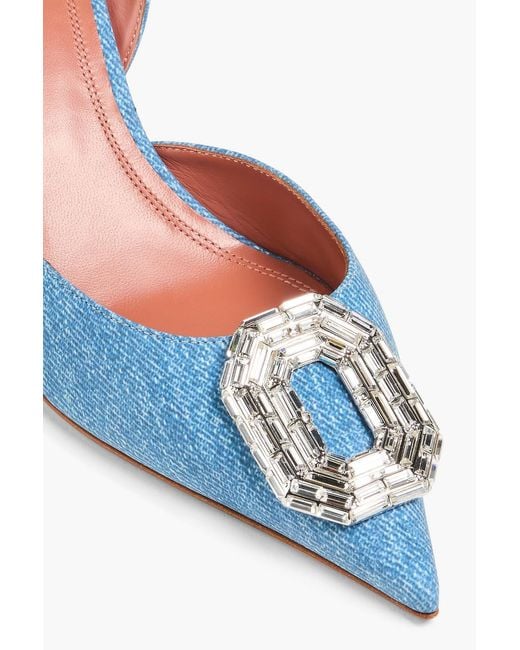 AMINA MUADDI Blue Camelia Embellished Denim-effect Print Leather Slingback Pumps