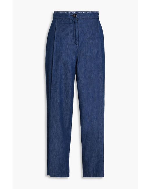 Emporio Armani Blue Pleated Cotton-chambray Tapered Pants