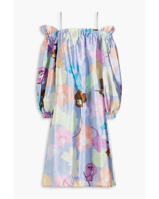 Stine Goya Blue Cold-shoulder Ruffled Floral-print Crepon Midi Dress