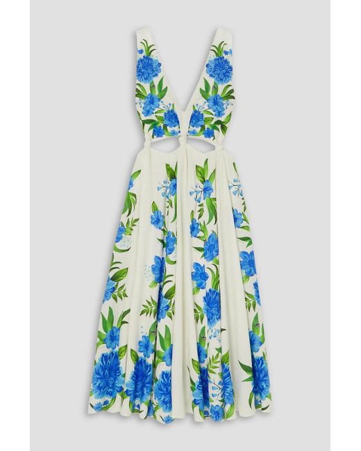 Farm Rio Blue Cutout Floral-print Linen-blend Midi Dress