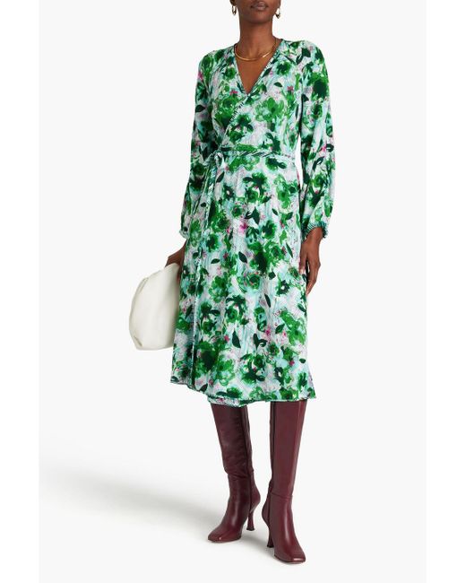 Diane von Furstenberg Green Leo Printed Crepe Midi Wrap Dress