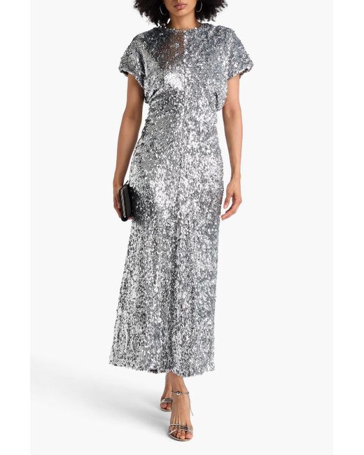 Maje Gray Sequined Stretch-Tulle Maxi Dress