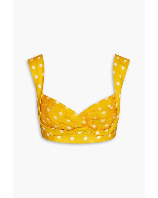 Zimmermann Yellow Pleated Polka-dot Linen And Silk-blend Bra Top