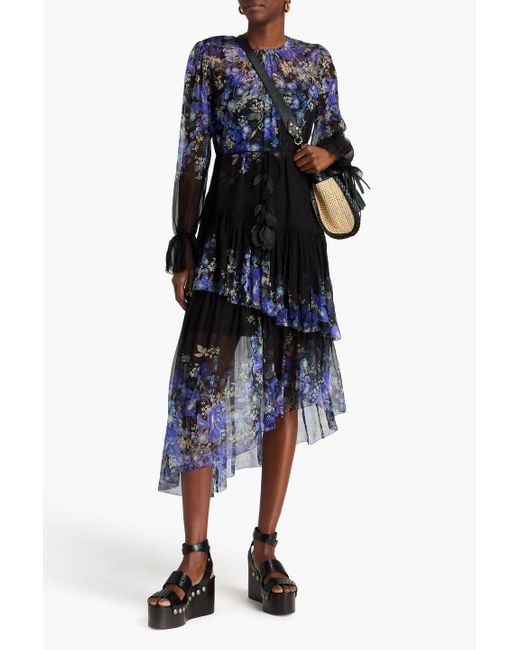 Zimmermann Blue Tiered Floral-print Silk-crepon Midi Dress
