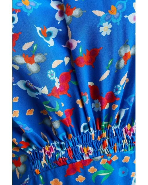 Saloni Blue Bianca Floral-print Silk Crepe De Chine Midi Dress
