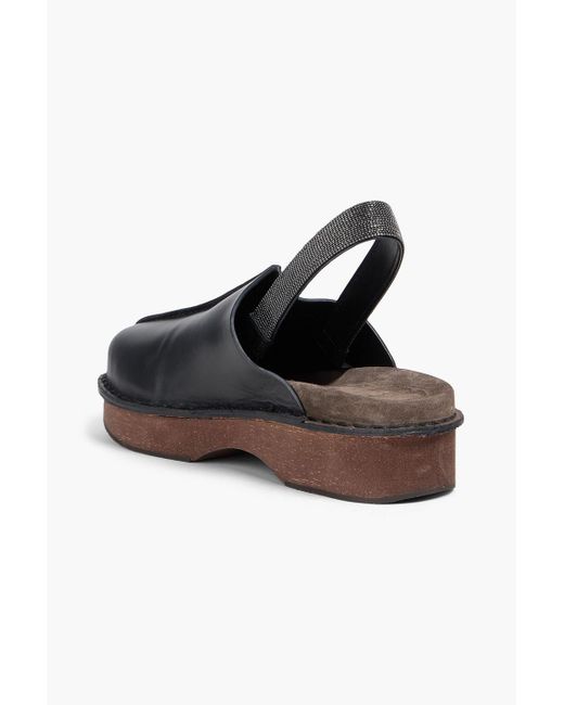 Brunello Cucinelli Black Bead-embellished Leather Slingback Clogs