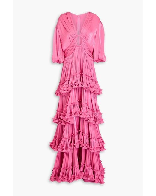 Costarellos Pink Tiered Metallic Plissé-satin Gown