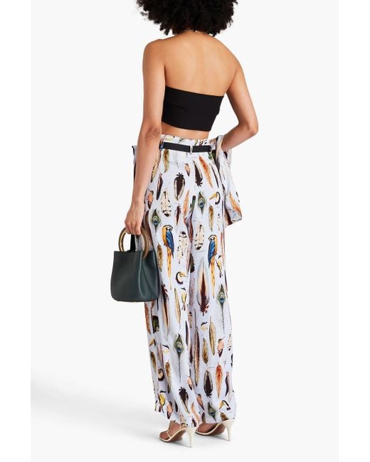Agua Bendita White Memoria Pluma Printed Satin Wide-leg Pants