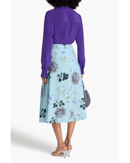 Erdem Blue Draped Floral-Print Crepe Midi Skirt