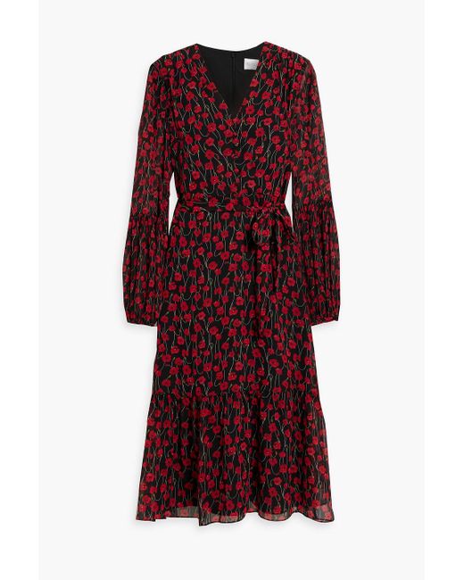 Mikael Aghal Purple Belted Floral-print Chiffon Midi Dress