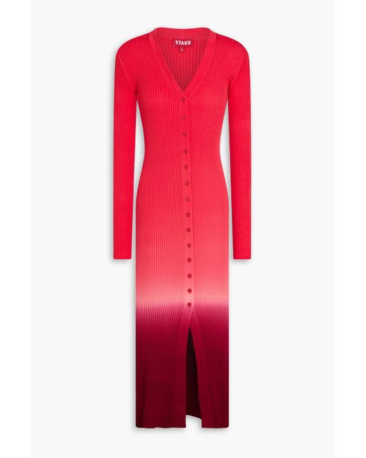 Staud Red Shoko Dégradé Ribbed-knit Midi Dress