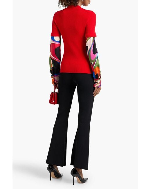 Emilio Pucci Red Printed Twill And Ribbed Wool-Blend Mock-Neck Sweater
