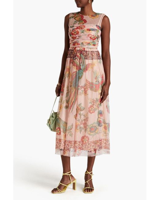 RED Valentino Pink Ruched Floral-print Point D'espirit Tulle Midi Dress