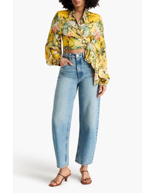 Camilla Yellow Floral-Print Silk-Satin Wrap Blouse