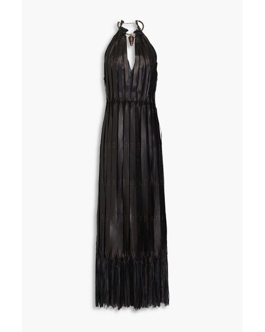 Valentino Garavani Black Open-back Embellished Corded Lace And Leather Maxi Dress