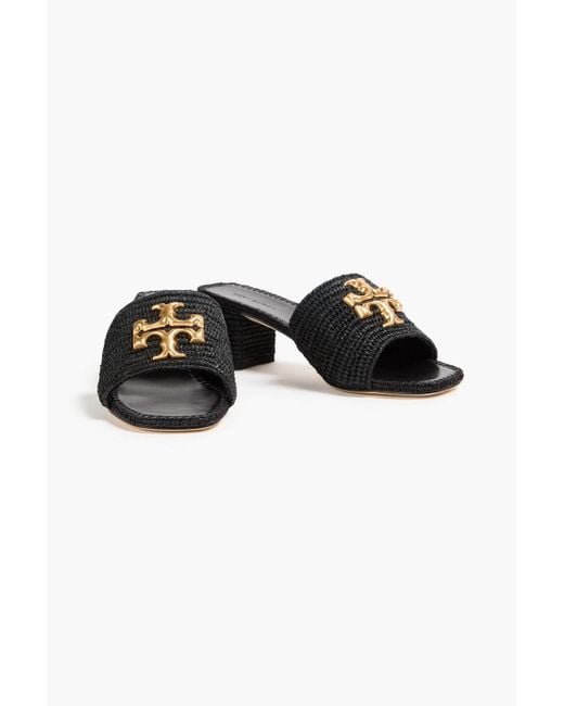 Tory Burch Black Eleanor Embellished Raffia Mules
