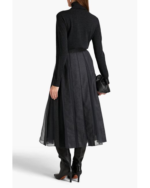 Brunello Cucinelli Black Pleated Silk-paneled Wool-flannel Midi Skirt