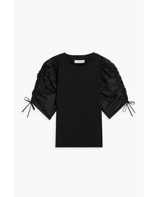 FRAME Black Ruched Cotton-poplin And Jersey Top