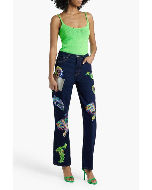 Area Blue Embroidered Cutout High-rise Straight-leg Jeans