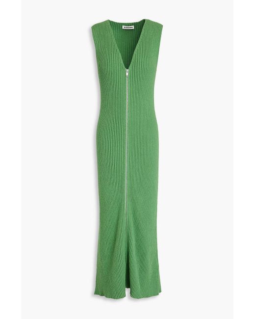 Jil Sander Green Ribbed Cotton Midi Dress