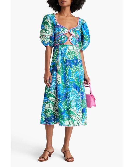 Farm Rio Blue Midikleid aus einer leinenmischung mit floralem print und cut-outs
