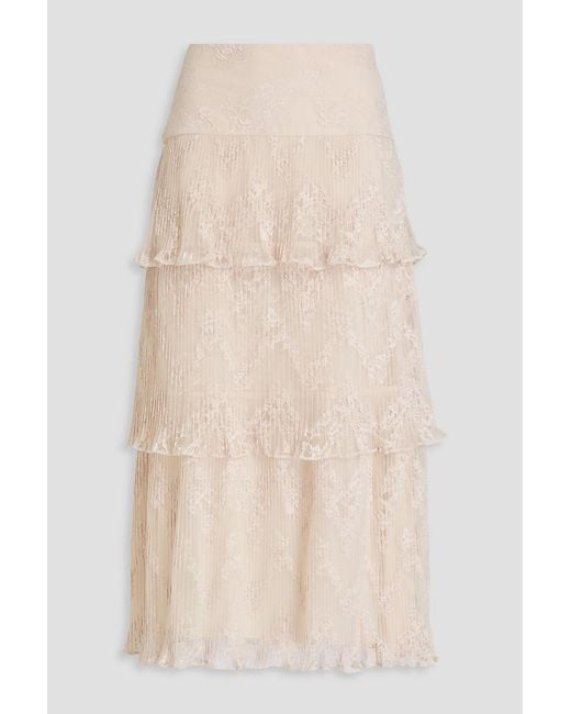 Zimmermann Natural Tiered Pleated Lace Midi Skirt