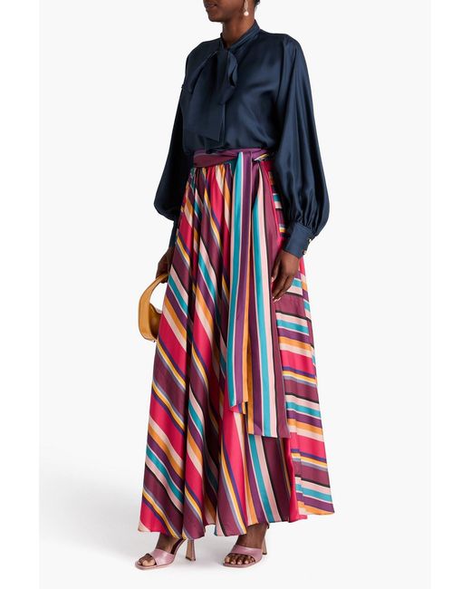 Zimmermann Red Belted Striped Silk-Twill Maxi Skirt