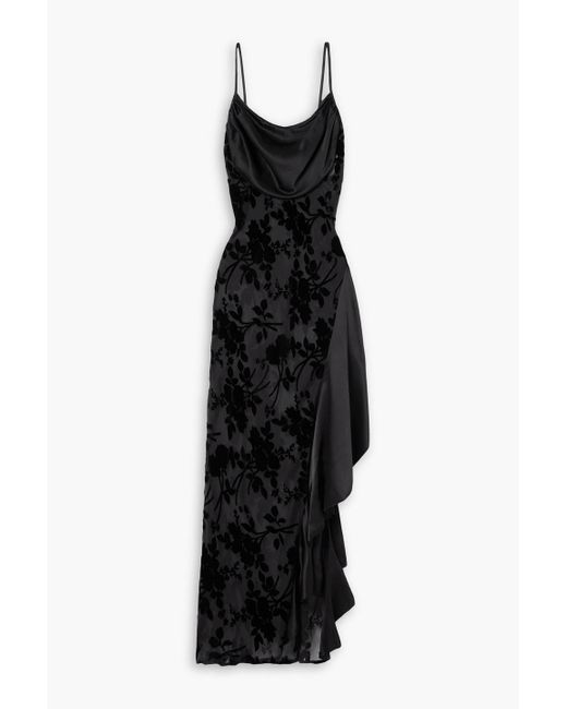 Rodarte Black Asymmetric Draped Ruffled Satin And Devoré-velvet Midi Dress