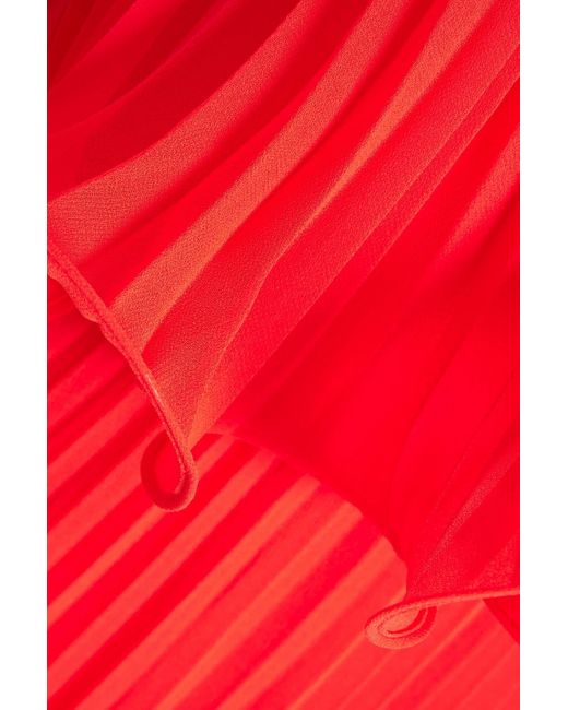 Badgley Mischka Red Strapless Ruffled Plissé-chiffon Gown