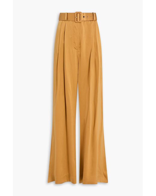 Zimmermann Yellow Belted Pleated Washed-silk Wide-leg Pants