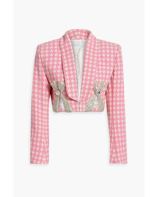 Area Pink Cropped Embellished Houndstooth Wool-blend Tweed Blazer