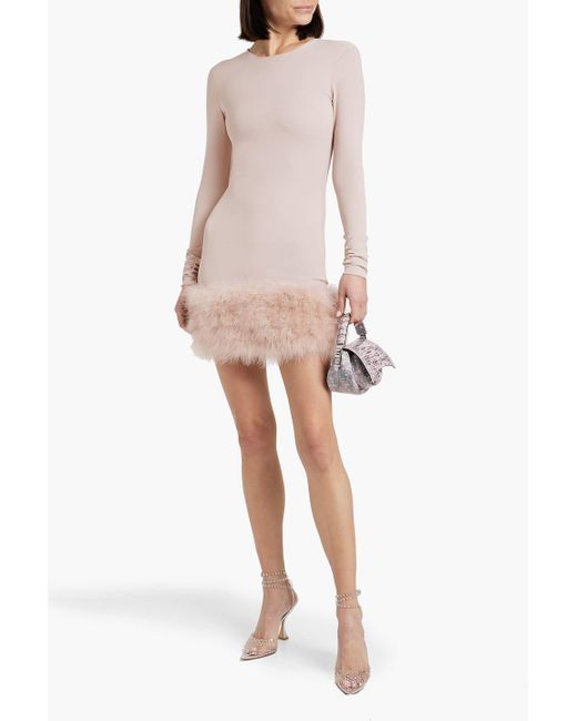 16Arlington Pink Tanith Feather-embellished Stretch-jersey Mini Dress