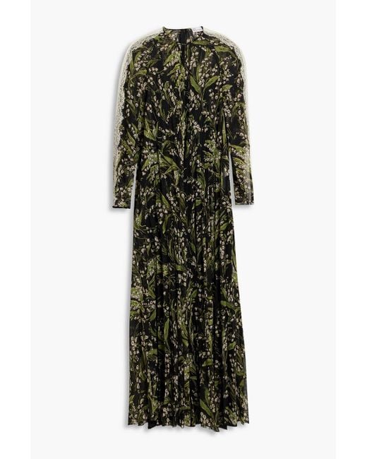 RED Valentino Green Lace-trimmed Pleated Floral-print Chiffon Maxi Dress