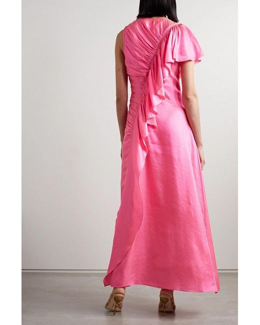 Ulla Johnson Pink Lali Ruched Ruffled Metallic Chiffon Gown