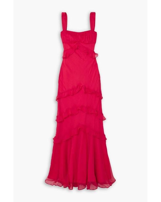 Saloni Red Chandra Ruffled Plissé Silk-georgette Maxi Dress
