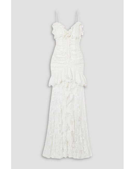 Alessandra Rich White Embellished Ruffled Cotton-blend Lace Gown