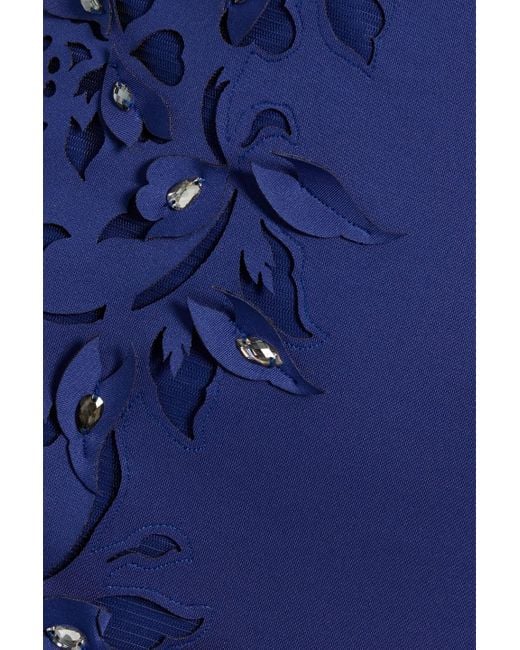 Badgley Mischka Blue Robe aus lasergeschnittenem scuba mit kristallverzierung