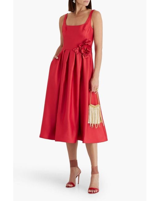 Marchesa Red Floral-appliquéd Duchesse-satin Midi Dress