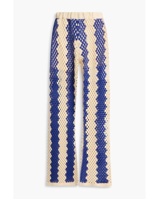 Sandro Blue Two-tone Open-knit Cotton-blend Wide-leg Pants
