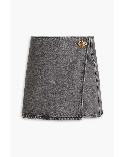 Ganni Gray Faded Denim Mini Wrap Skirt