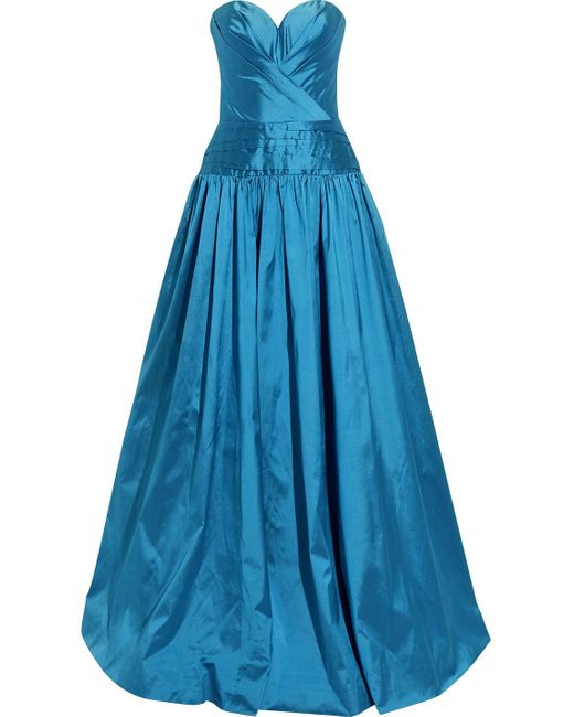Rasario Blue Strapless Pleated Silk-shantung Gown